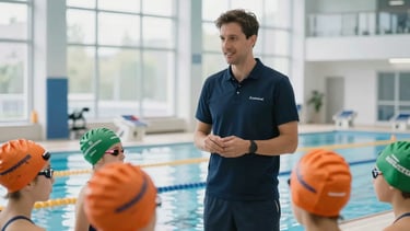 A high-quality, professional photograph of a modern indoor aquatic center in Central Europe. The scene is bright and airy with large windows. In the background, a swimming coach wearing a navy blue uniform is speaking with a group of young swimmers in orange and green swim caps. The atmosphere is positive, safe, and focused on professional supervision.