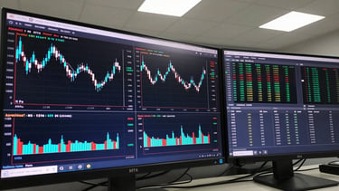 Wide panoramic view of a professional MT4 trading terminal filling two monitors, crisp candlestick charts with cyan buy/sell signal indicators, dark navy UI, EA status panel and VPS connection monitor visible in the right panel, clean studio overhead lighting with no ambient flare