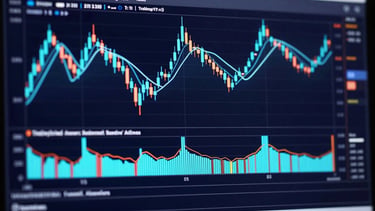 Close-up of a TradingView-style AI signal dashboard on a dark navy screen, real candlestick price action with cyan buy and sell signal markers overlaid, volatility band indicator panel below the chart, crisp screen-capture lighting, no people, no text overlays outside the chart UI