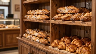 Photography of a warm and cozy French bakery interior in France. The scene features rustic wooden shelves filled with crusty golden baguettes and buttery croissants. The lighting is soft and golden, illuminating the caramel and dark brown wood textures. Authentic atmosphere with a blurred view of a traditional counter.