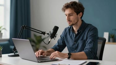 A sleek and professional digital creator in a modern North American home office setting. They are sitting at a minimalist desk with a high-end microphone and laptop, looking empowered and focused. The room features clean lines and natural lighting, with subtle wall accents in deep blue and teal. High-quality photography with a shallow depth of field.