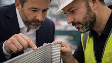 Engineer and manager inspect an aluminum manufacturing part in a factory setting.
