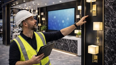 Electrician in safety vest inspecting modern wall sconce lighting in a commercial showroom.