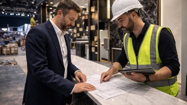 Project manager and engineer in hard hat reviewing blueprints on a marble counter.