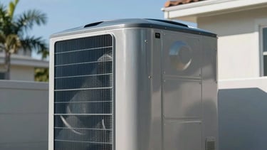 A professional medium shot of a modern, clean silver HVAC condenser unit installed on a residential property in Miami, Florida. The background features bright sunlight, clear blue skies, and subtle silhouettes of palm leaves. The lighting is crisp and technical, highlighting the high-tech precision of the machinery. The aesthetic is clean and professional with a cool blue and silver color palette.