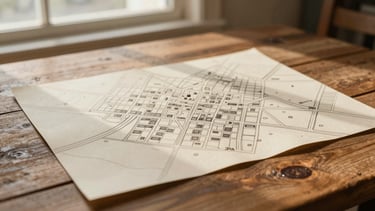An artistic, warm editorial photograph of a hand-drawn neighborhood map on a rustic wooden table, soft morning window light casting gentle shadows, rich cream and coffee tones, shallow depth of field, 35mm film style.