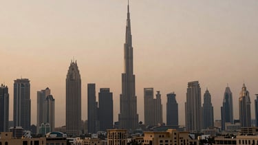 Warm editorial photography of a panoramic wide shot of the Dubai skyline at dusk, soft natural twilight, architectural focus, muted sophisticated tones, medium format film.