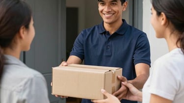 A professional South American delivery person in a clean navy blue uniform handing a cardboard package to a smiling customer at a modern apartment doorstep. Bright afternoon natural lighting, sharp focus, professional photography, capturing a moment of trust and efficient service.