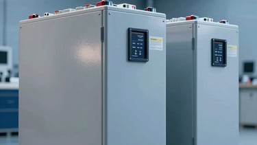 High-detail shot of a set of lithium battery storage units in a clean, modern industrial setting with deep blue lighting. Professional industrial photography.