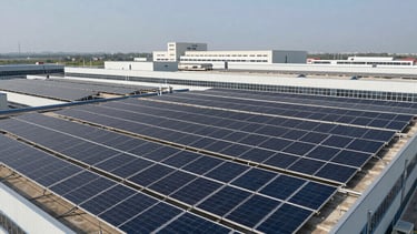 Wide shot of a large industrial factory rooftop covered with high-efficiency solar panels under a clear sky. Professional architectural photography.