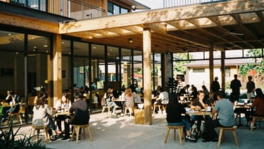 Wide environmental shot of a modern, sustainable community learning center with large glass windows, warm natural sunlight reflecting off wooden beams, local residents gathering outside, 35mm film look