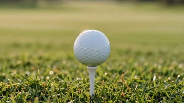 A close-up photograph of a professional golf ball resting on a crisp white tee in the lush sage green grass of an upscale North American golf course fairway, early morning warm sunlight casting long soft shadows, modern luxury sports club vibe.