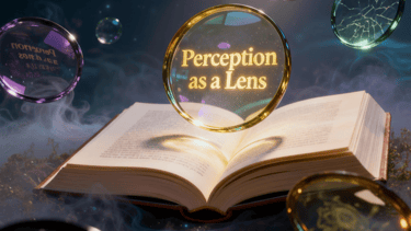"Glowing orb reading Perception as a Lens over an open book for spiritual insight."