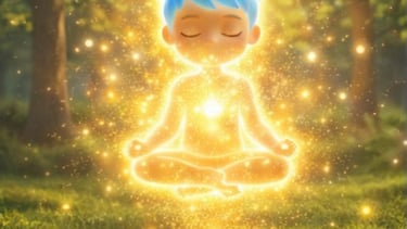 "Homo Luminous boy in golden meditation glow amid forest, embodying spiritual awakening." 