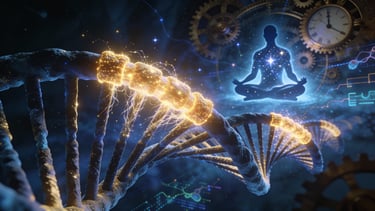 "DNA strand with repairing telomeres and meditation silhouette for anti-aging."