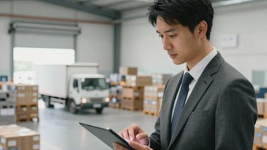 A professional logistics manager in business attire working on a digital tablet inside a bright, modern office overlooking a vast, high-ceiling warehouse. In the background, organized pallets and a delivery truck at a loading dock are visible. International Business setting, clean lines, trustworthy atmosphere, soft natural lighting.