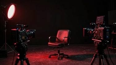 Wide cinematic shot of a dark film studio set, a single empty leather chair under a dramatic red rim light, professional 35mm cameras focused, deep shadows.