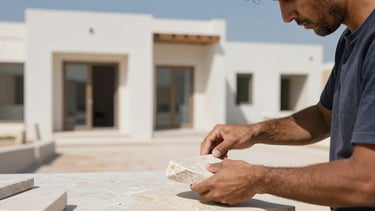 Medium shot of a craftsman's hands carefully setting a piece of natural stone, focused expression, clean work environment, bright natural light
