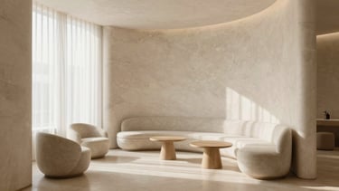 Tranquil wellness clinic lounge with curved alabaster walls, soft natural light streaming through sheer curtains, minimalist organic furniture, serene atmosphere