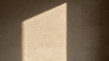 Macro shot of a single shaft of warm morning light falling on a textured natural stone wall in a minimalist Indian interior, creating soft shadows, architectural detail