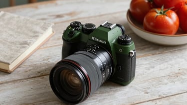 A refined professional photography shot in a North American / European studio setting. A rustic pale wood table holds a matte forest green camera, a linen-covered journal, and a ceramic bowl of deep ripe crimson tomatoes. Soft morning side-lighting creates an inviting, sophisticated artisanal mood.