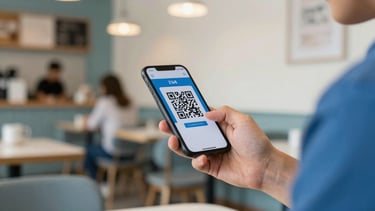 A person using a smartphone to scan a QR code in a modern European cafe. Bright lighting, casual but tech-forward vibe. Blue and off-white color palette.