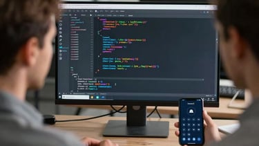 Over-the-shoulder shot of a developer looking at lines of clean code on a large monitor, with a smartphone testing device nearby. Professional, modern, International / European workspace.