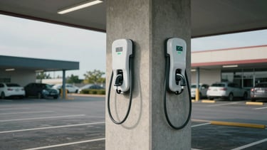 Wide environmental shot of a commercial parking lot at midday, two wall-mounted EV charging stations installed on a concrete pillar, charging cables hanging ready, natural overcast daylight, no people, station indicator lights visible, shot from low angle showing station placement in context