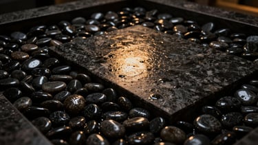 Polished black river pebbles arranged in a minimalist indoor water feature, warm spotlight reflecting off wet stone surfaces, high-contrast luxury interior
