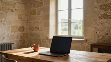 Modern photography of a workspace inside a traditional stone house in Souillac, Lot, Southern France. A laptop is open on a wooden desk with a terracotta mug, warm sunlight through the window, clean and premium atmosphere with soft cream and amber tones.