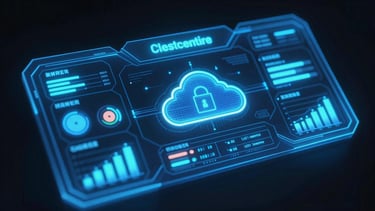 A close-up 3D render of a glowing blue holographic dashboard displaying real-time business analytics and cloud security metrics, dark background, electric blue accents.