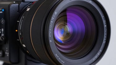 A close-up of cinematic camera lenses reflecting deep violet and electric blue studio lights. The composition is sharp and high-end, representing world-class video production equipment. North American / US studio.