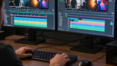 A professional video editor working in a dark room. The dual screens show complex timelines of a cinematic music video with vibrant iridescent color grading. North American / US professional studio.