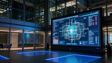 A wide shot of a glass-walled conference room in a North American / US skyscraper. The room is dark with glowing blue floor lighting and a 4K screen displaying a complex web design layout.