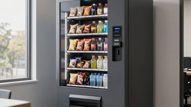 A clean, professional breakroom in a North American / US corporate office in San Antonio. A modern, charcoal gray vending machine offering snacks and chilled beverages stands against a light gray wall. Soft morning light enters through a large window. High-quality commercial photography style, clear focus, conveying reliability and convenience.