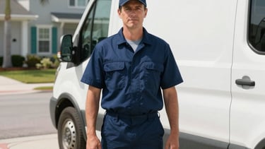 A sharp, high-quality photograph of a professional plumber in a clean dark blue uniform standing next to a white service van in a sun-drenched North American / US residential neighborhood in Orlando. The scene is bright, clean, and modern, using light gray and teal accents in the background to convey expertise and reliability.