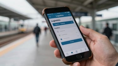Macro close-up of hands holding a rugged smartphone displaying a logistics tracking UI in a busy transit hub, high-contrast natural daylight