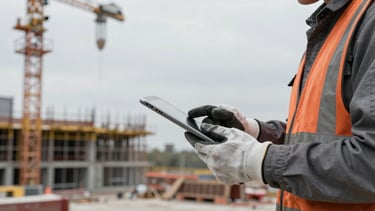 A construction worker wearing heavy gloves holding a tablet on an active building site, desaturated cool tones, sharp focus