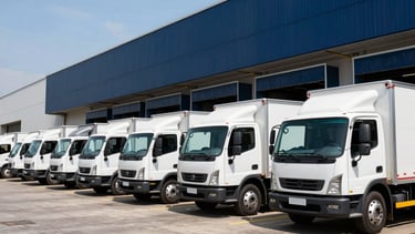 Professional photography of a modern distribution center in São Paulo, Brazil. The scene shows a fleet of clean white delivery trucks parked in a row at a loading dock during the day. The lighting is bright and clear, emphasizing efficiency and security. Brand colors of dark navy blue and steel blue are subtly visible in the architectural details of the warehouse.