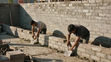 Environmental wide shot of two trainees laying brickwork at a construction site, afternoon light casting long shadows, trowels and mortar visible, a completed wall section behind them