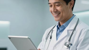 A South American medical professional in a clean, modern Brazilian telemedicine office, holding a digital tablet and smiling with empathy. The background features a soft sky blue and light gray palette with bright, professional lighting. High-quality photography, close-up composition.