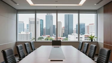 A wide shot of a modern conference room in a Delhi business district. Through the window, the urban skyline is visible. The room is empty but ready for a presentation, suggesting professionalism and high-level strategy.