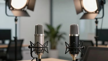 A professional setup for a podcast or video production in a modern Delhi office. High-end microphones and studio lights are arranged in a clean, professional composition without people.