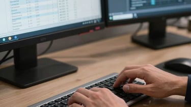 A photography shot focusing on a professional's hands typing on a sleek keyboard in a modern office. A secondary monitor shows detailed keyword density charts in shades of blue and silver.
