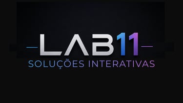LAB11 Soluções Interativas logo featuring modern typography with a blue and purple gradient on a dark background.
