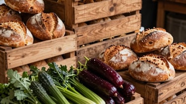 A top-down professional photography of a modern South American artisanal food market stall. The scene shows fresh organic vegetables, handmade breads, and rustic wooden crates. Warm natural light illuminates the textures. The color palette features rich browns and deep reds, creating a professional yet authentic atmosphere.