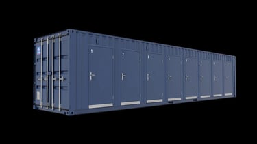 Blue multi-door self-storage shipping container with numbered units on a black background.
