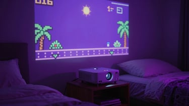 A cozy bedroom with a dark aesthetic, a classic 16-bit retro game projected onto the entire back wall, dramatic neon purple ambient light, a sleek projector on a nightstand, cinematic 35mm
