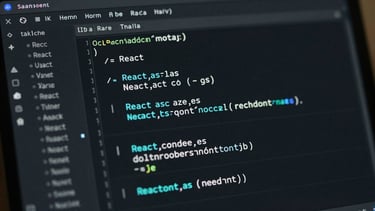 A close-up of a dark IDE interface showing clean, well-structured React and Node.js code, with subtle cyan syntax highlighting, reflecting technical precision.