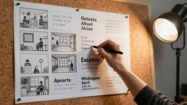 Motion graphics storyboard pinned to a cork wall, hand-drawn frames in black marker beside printed type specimens, warm studio lamp lighting from the right